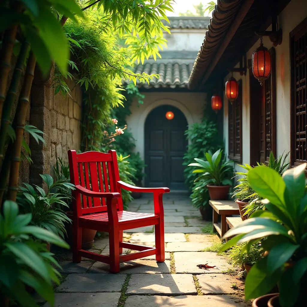 Red Chair in a Tranquil Hanoi Courtyard