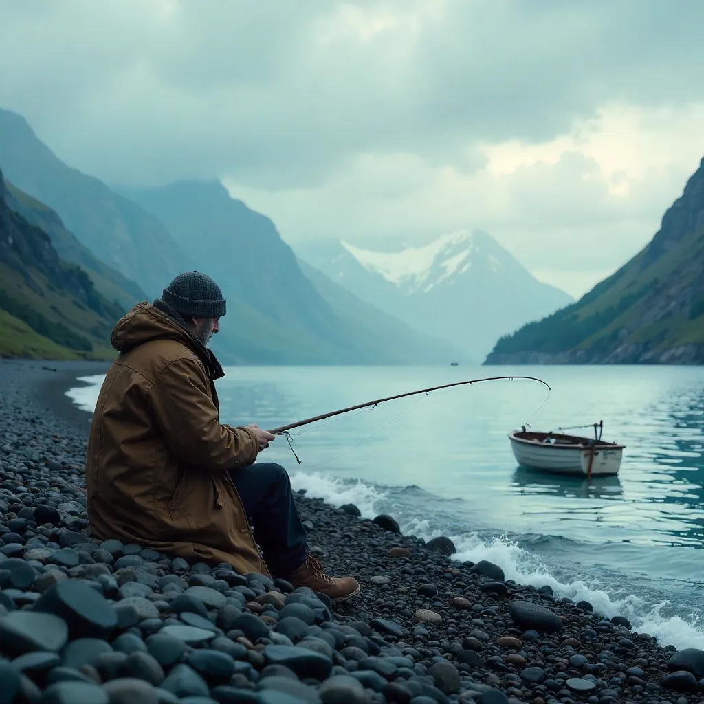 Lone Fisherman on Pebble Beach before Majestic Mountains