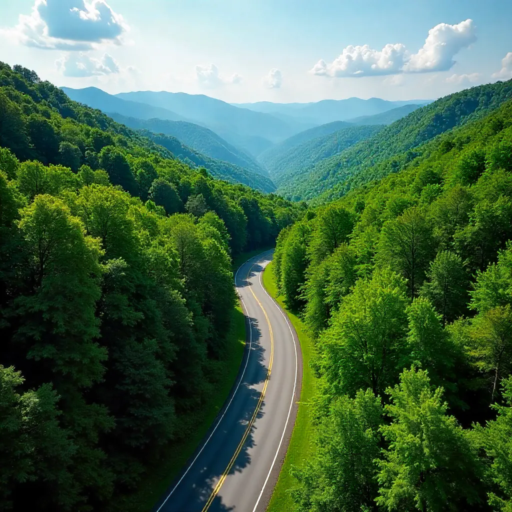 Aerial Summer Drive Through Smoky Forest Near Gatlinburg