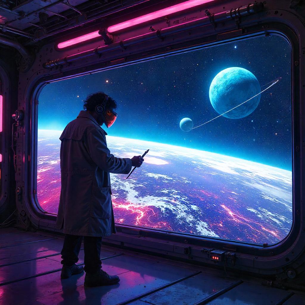 Starbound Artist in Neon Cyberpunk Studio