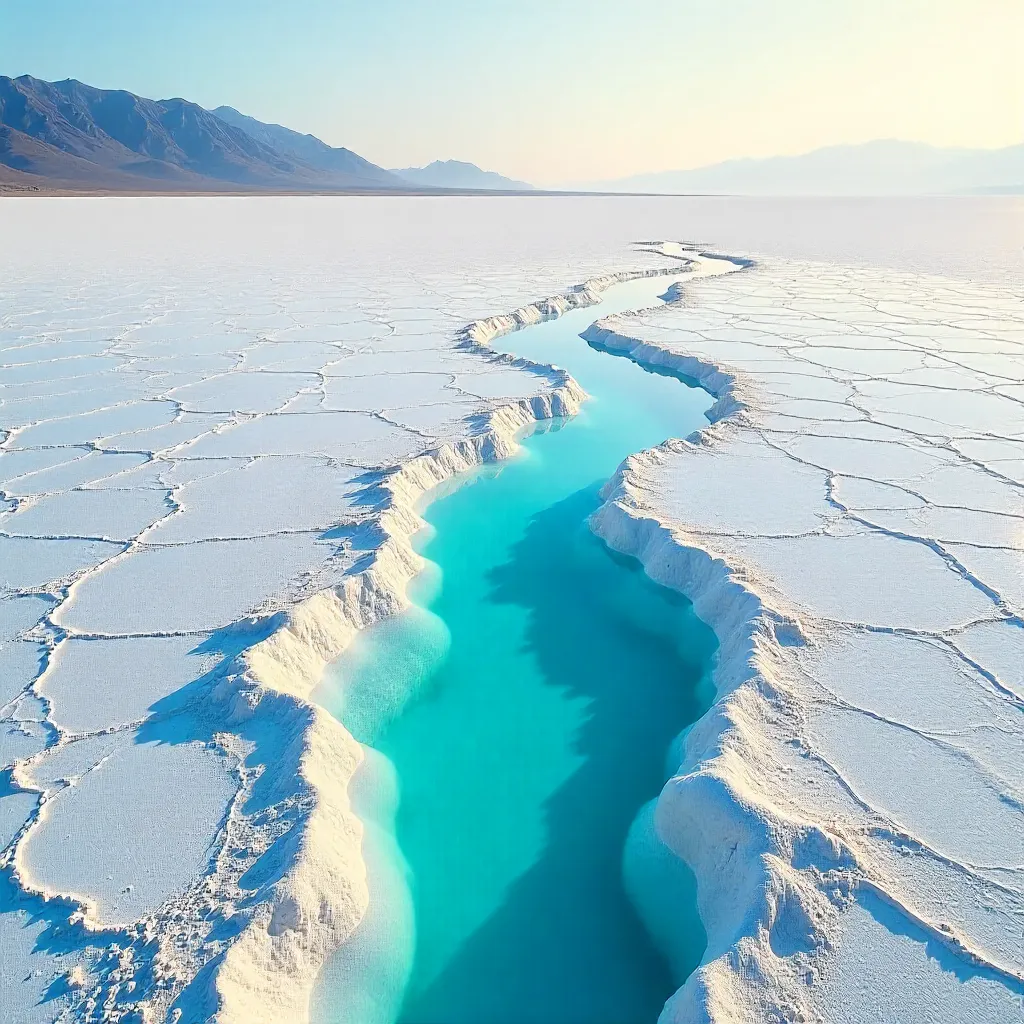 Aerial Salt Flats: Blue Pool Amid Textured Crystals