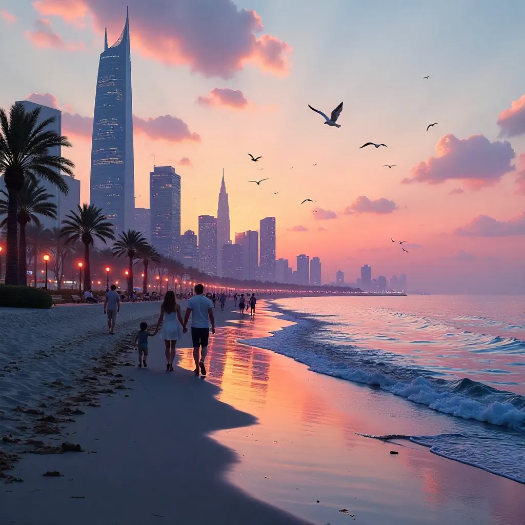 Peaceful Dusk on a City Beach with a Glowing Skyline