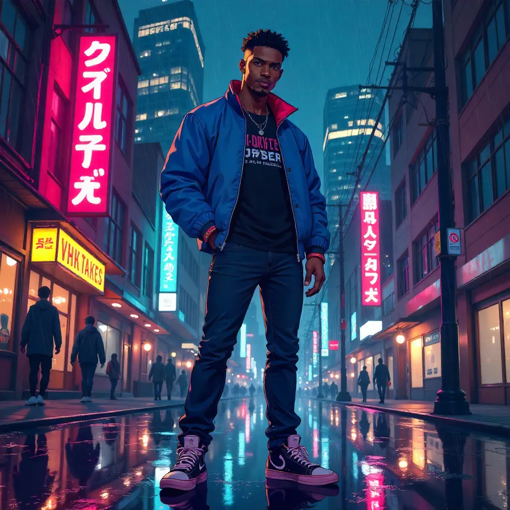 Confident Black Man in Neon Anime City Street