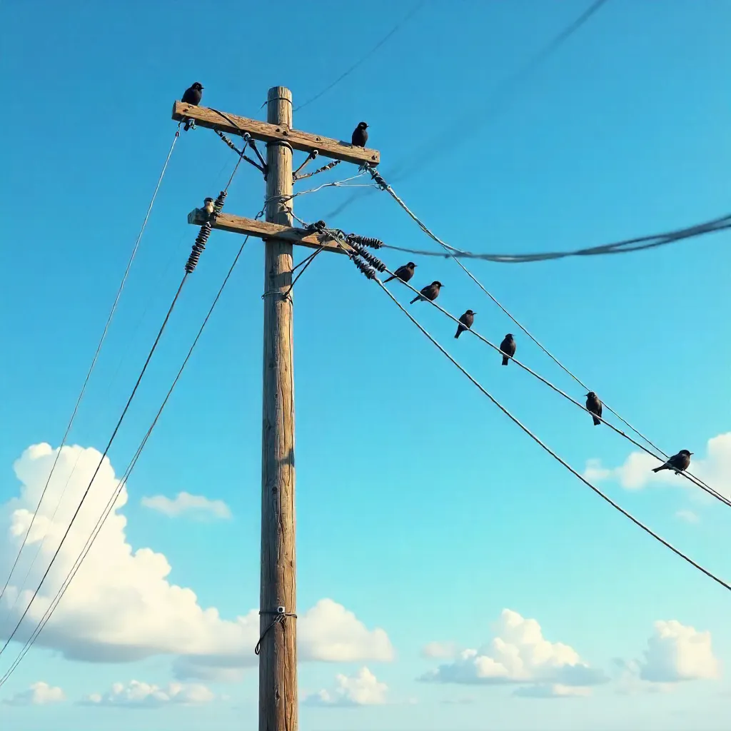 Flock of Birds on a Utility Pole Under Clear Blue Sky