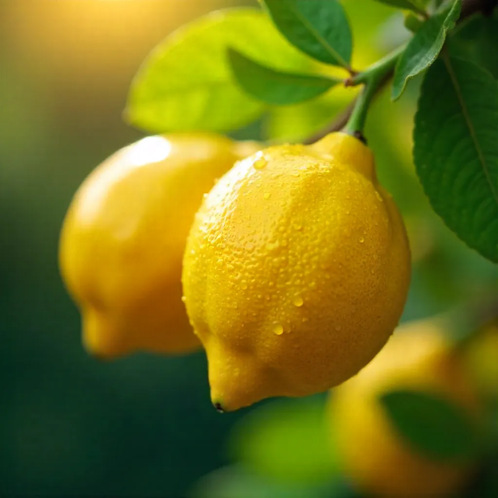 Close-Up Fresh Lemons with Dew on Branches
