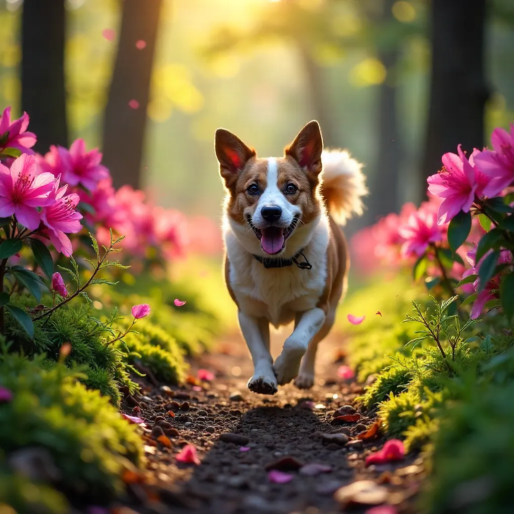 Playful Dog in a Rhododendron Forest