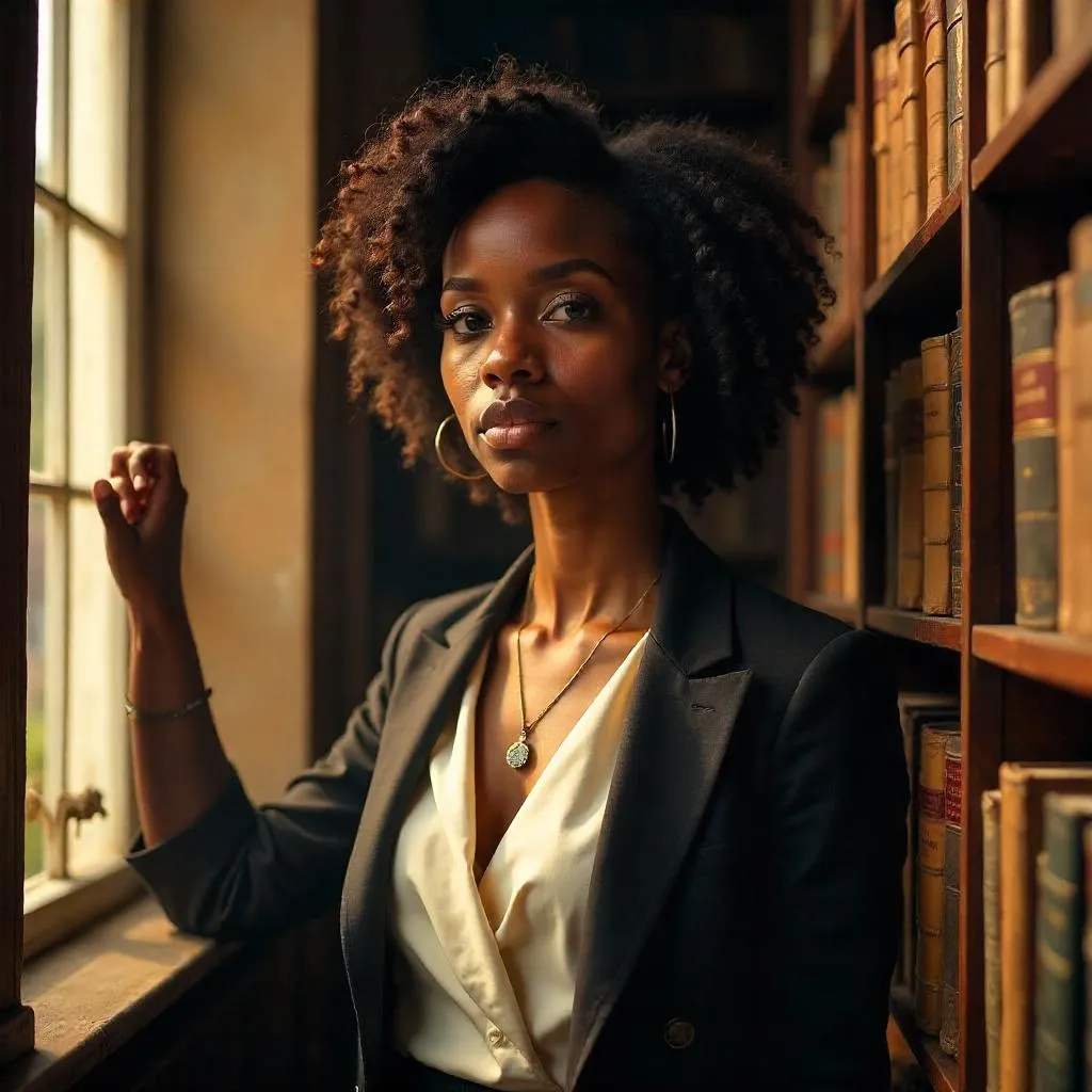 Photorealistic Black Woman in a Quiet Library