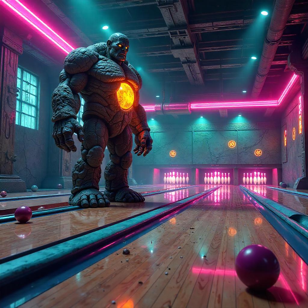 Stone Golem in a Neon Bowling Alley