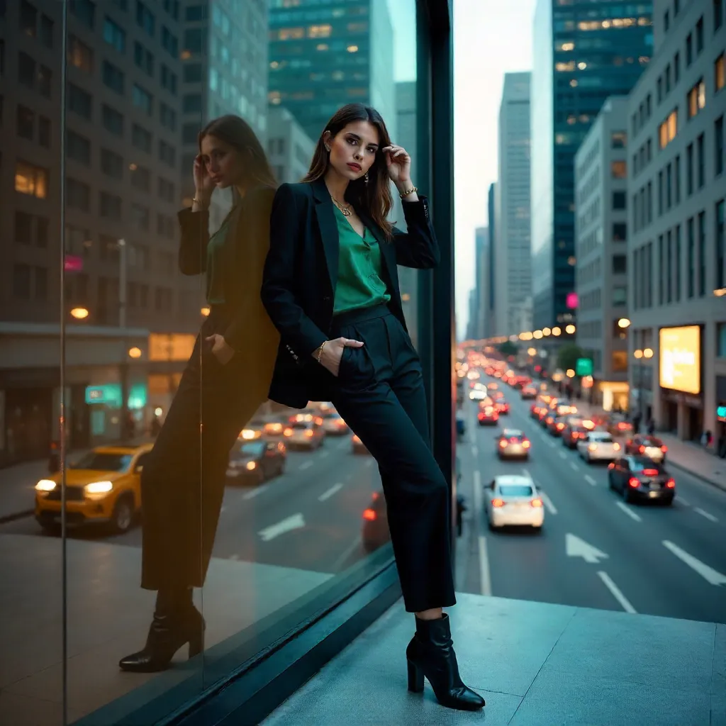 Urban Reflections: Stylish Woman by the Window