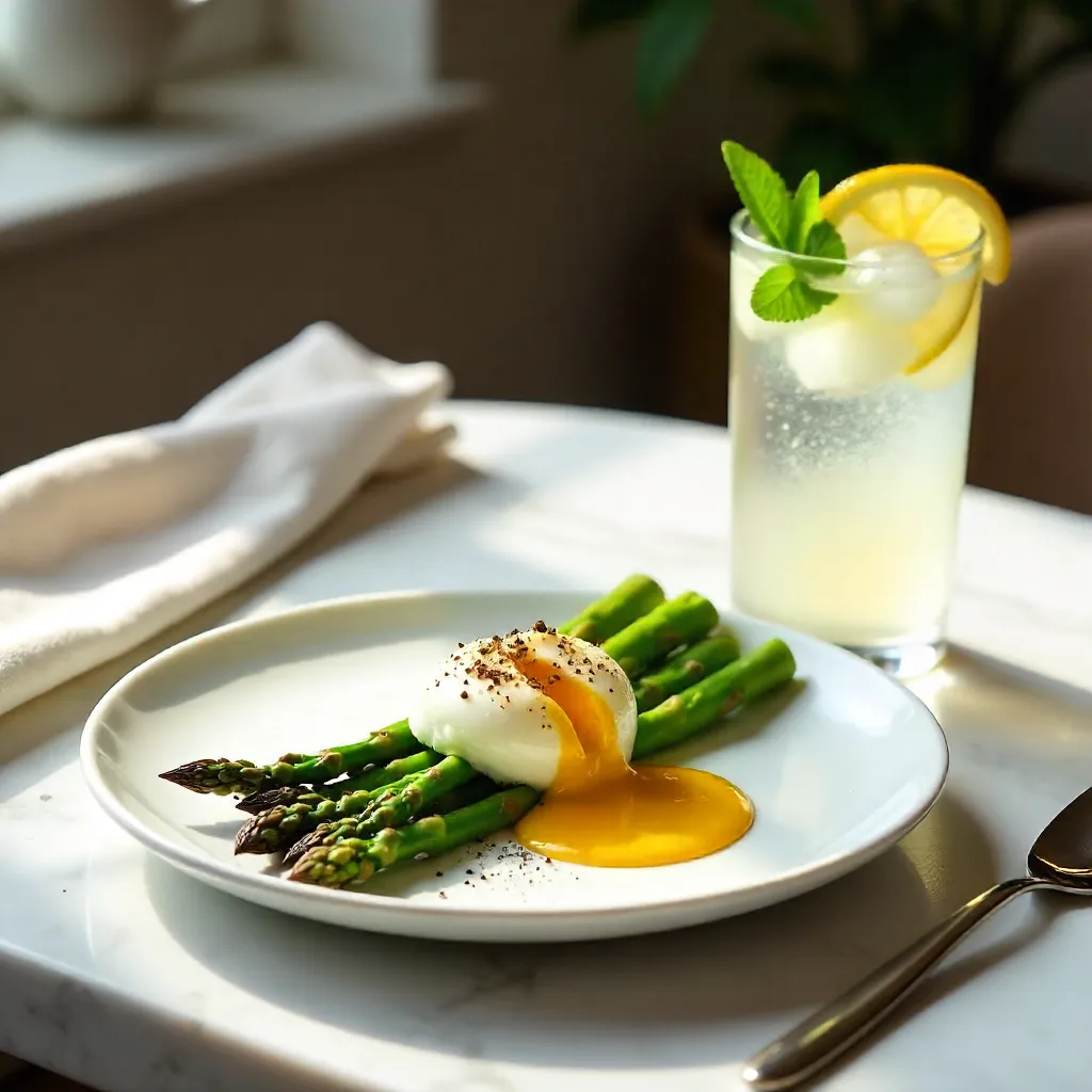 Elegant Poached Egg on Asparagus with a Refreshing Drink
