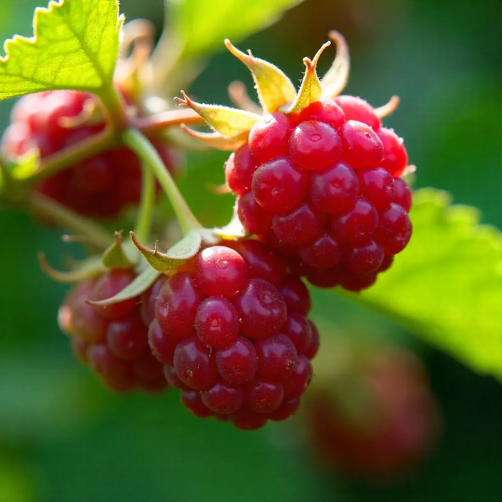 Macro Close-Up: Ripe Red Raspberries on Green Bush