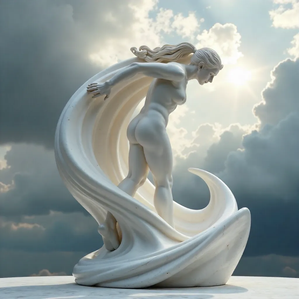 Dynamic White Marble Sculpture Against Dramatic Clouds