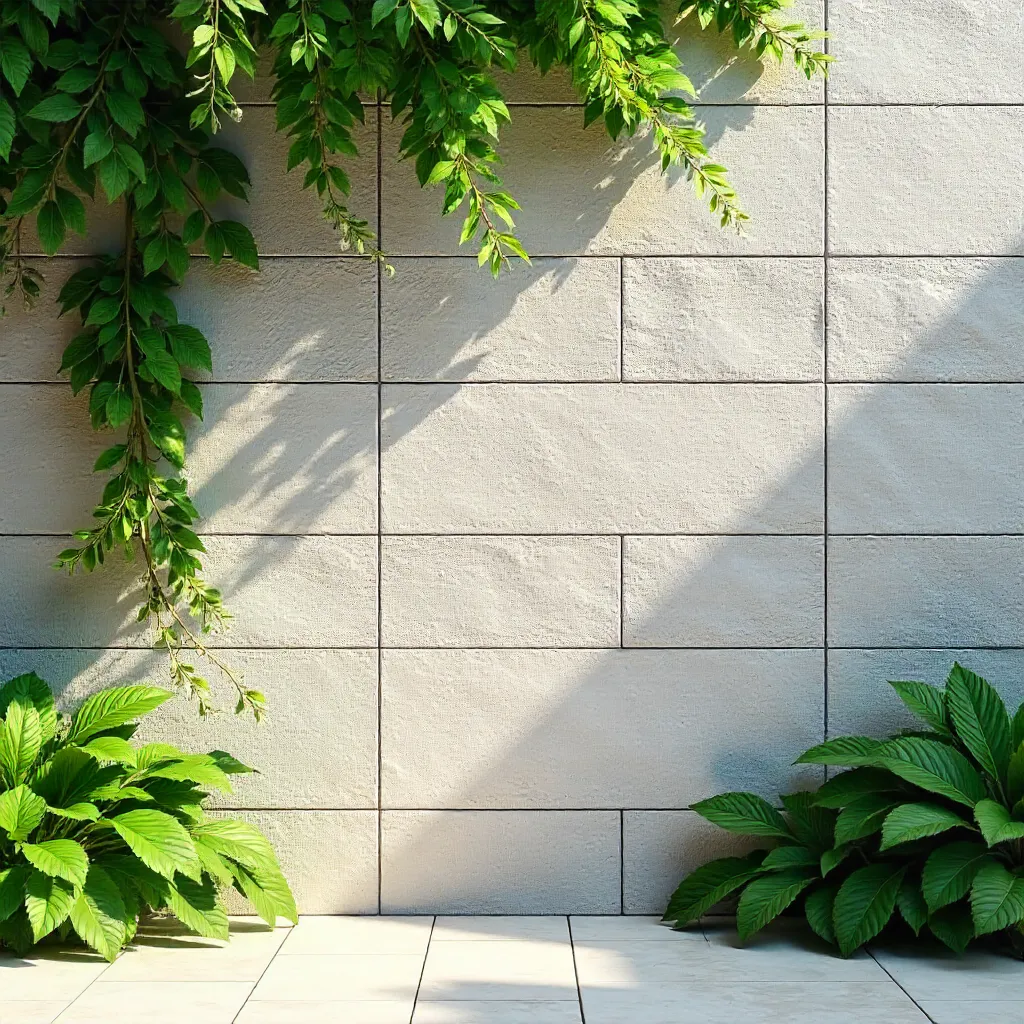 Cascading Foliage on a Minimalist Stone Wall in Sunlight