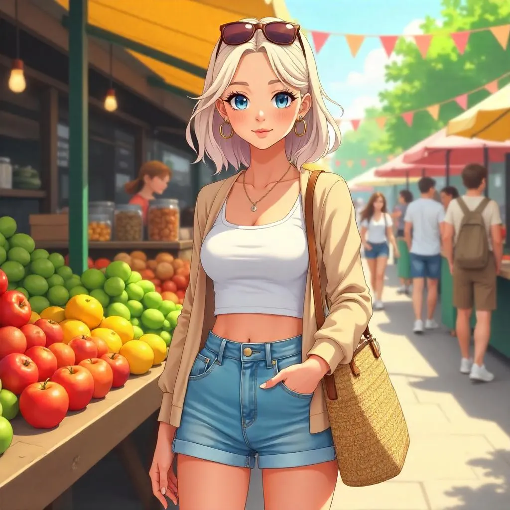 Stylish White Woman at a Bright Anime Farmers Market