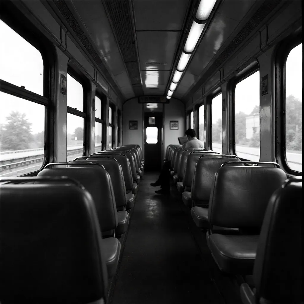 Monochrome Train Car: Blurred Landscape Through Moving Windows