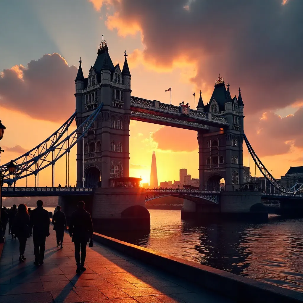 Silhouetted Figures Crossing Tower Bridge at Sunset