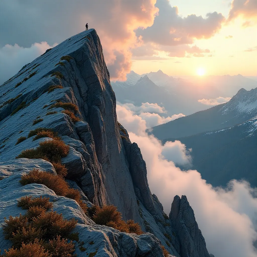Mist-Shrouded Sunrise on a Rugged Alpine Summit