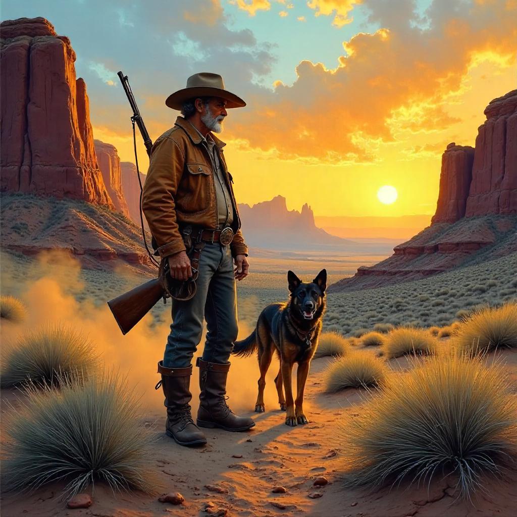 Lone Hunter in the Badlands - An Oil Painting