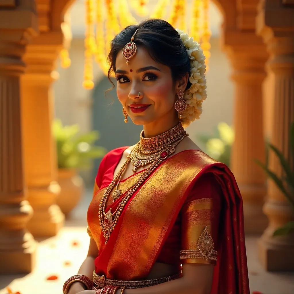 Elegant South Indian Bride in Traditional Attire with Floral Hair