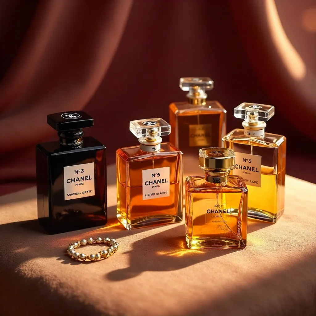 Warm-lit Chanel Perfume Display with Luxurious Shadows