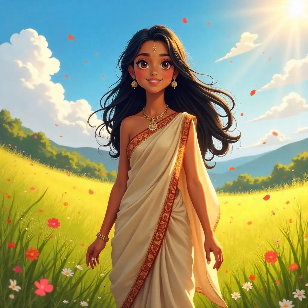 Anime Meadow Beauty: Indian Woman in Golden Hour