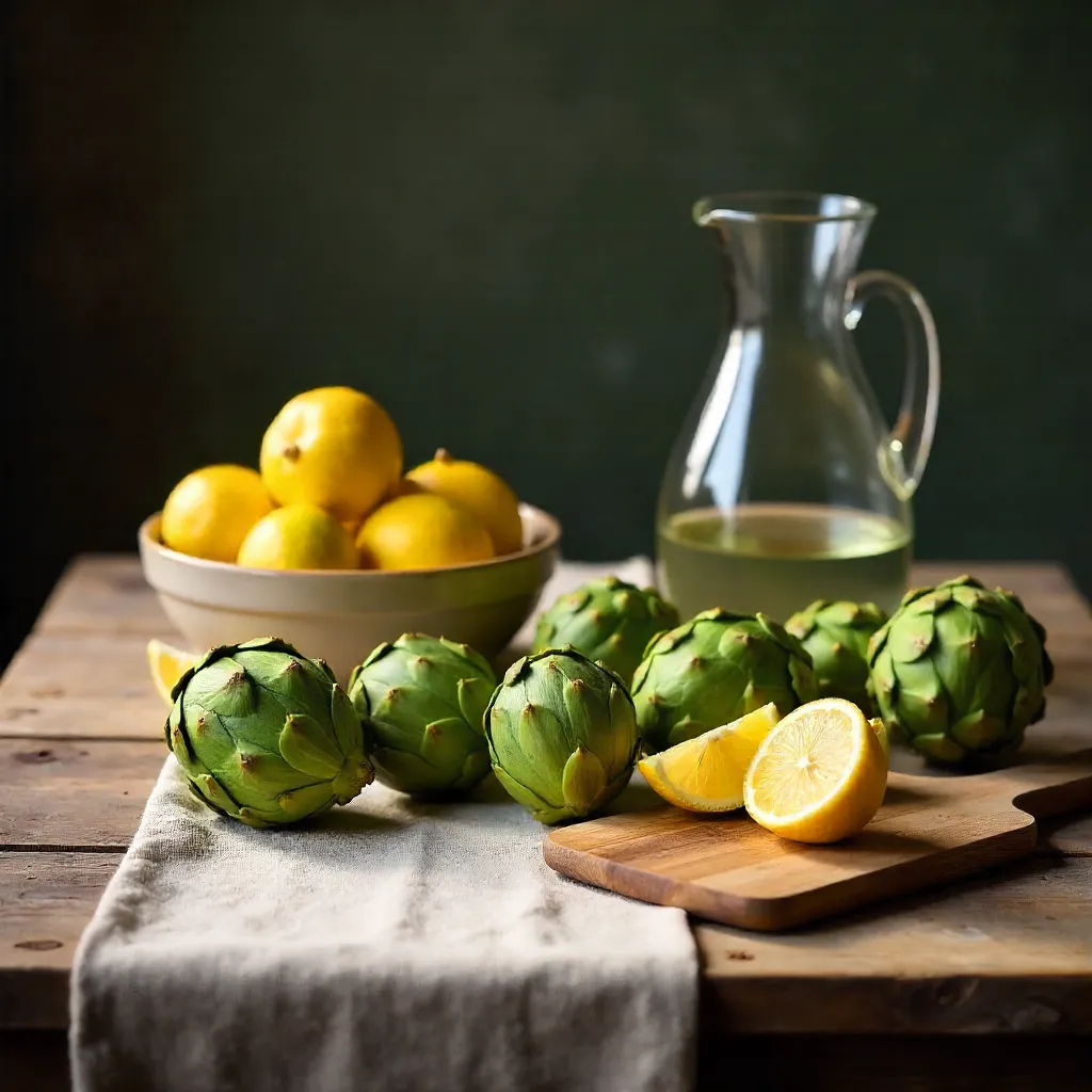 Lemons and Artichokes on a Rustic Table
