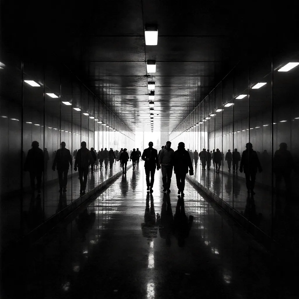 Monochrome Reflections in a Mirrored City Tunnel