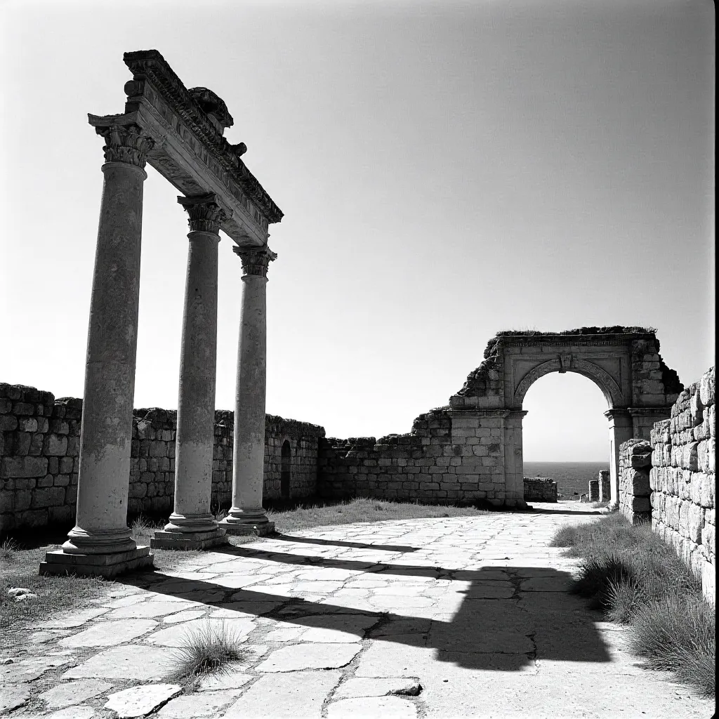 Monochrome Ruins under a Clear Sky