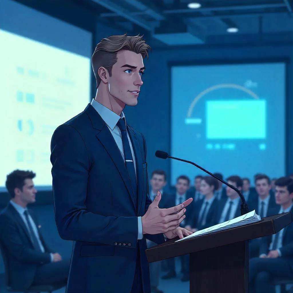 Charismatic Anime Executive at a Conference