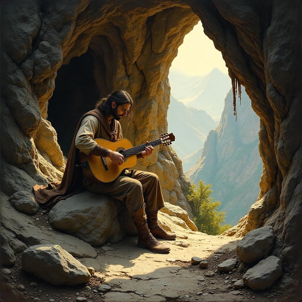 Musician in a Mountain Cave: Oil Painting