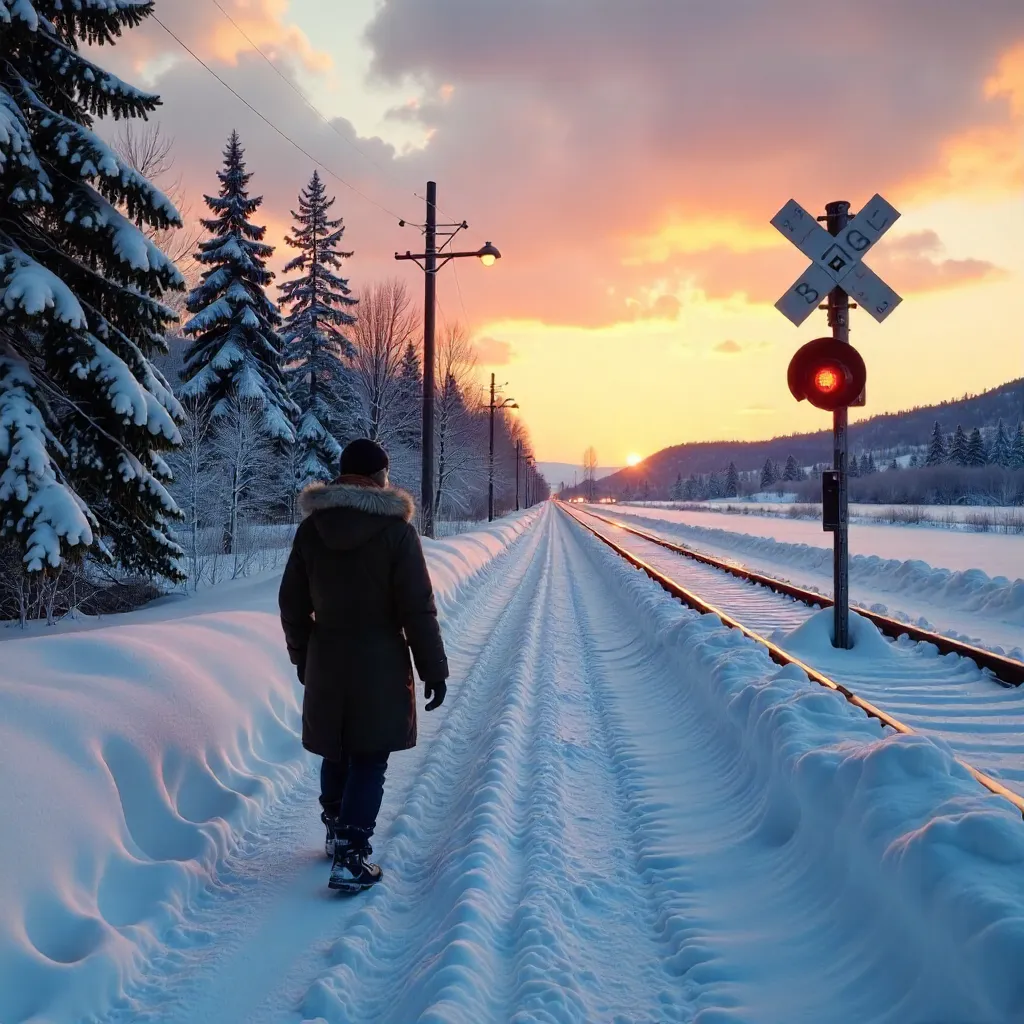 Snowy Train Crossing at Sunset in Canada