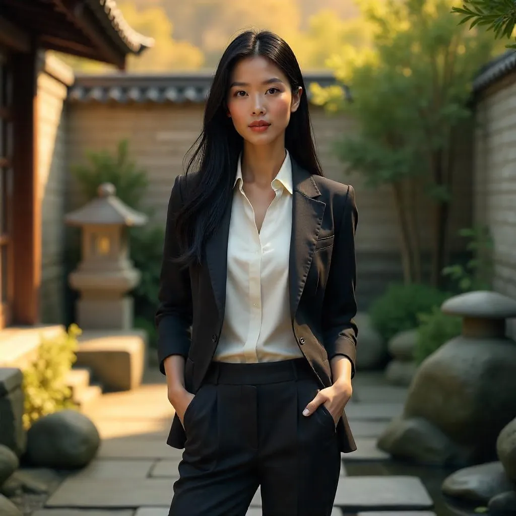 Confident Asian Woman in a Serene Courtyard - 3D Render