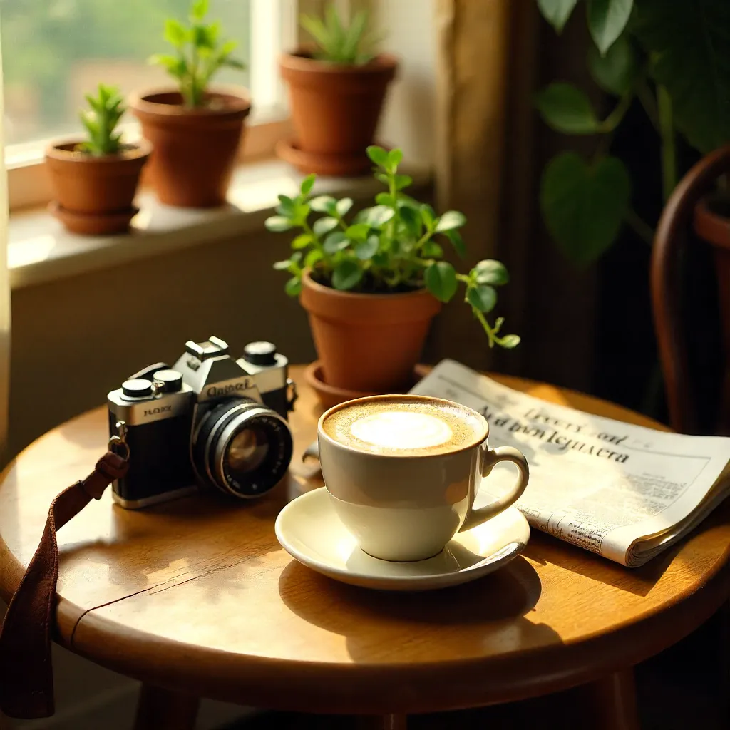 Cozy Morning Table with Latte and Greens