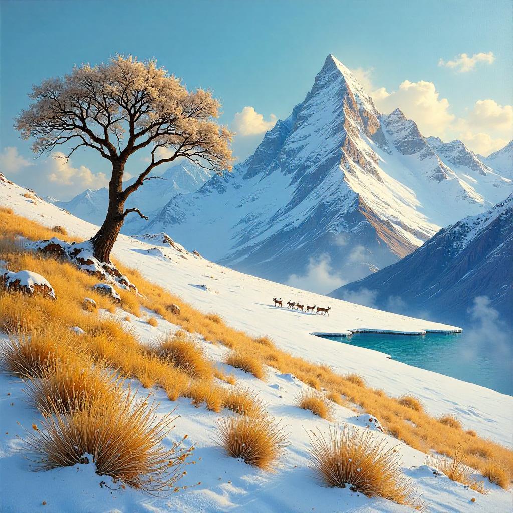 Savanna on a Snowy Summit: An Oil Painting