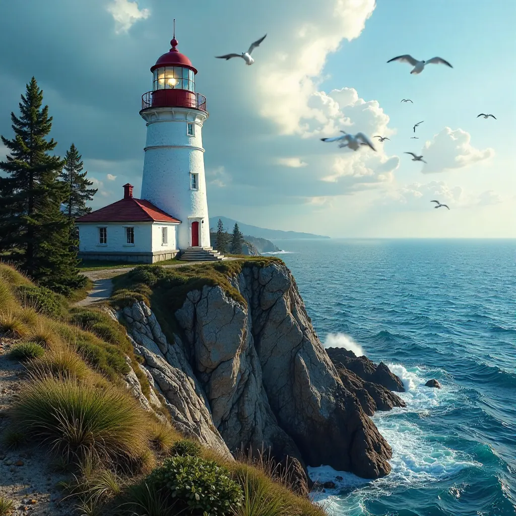 White Lighthouse on a Russian Coastal Cliff at Sea