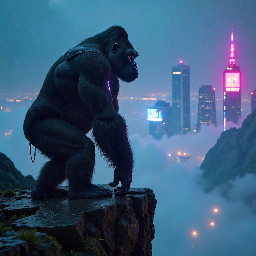 Neon Cyberpunk Gorilla at the Cliff Edge