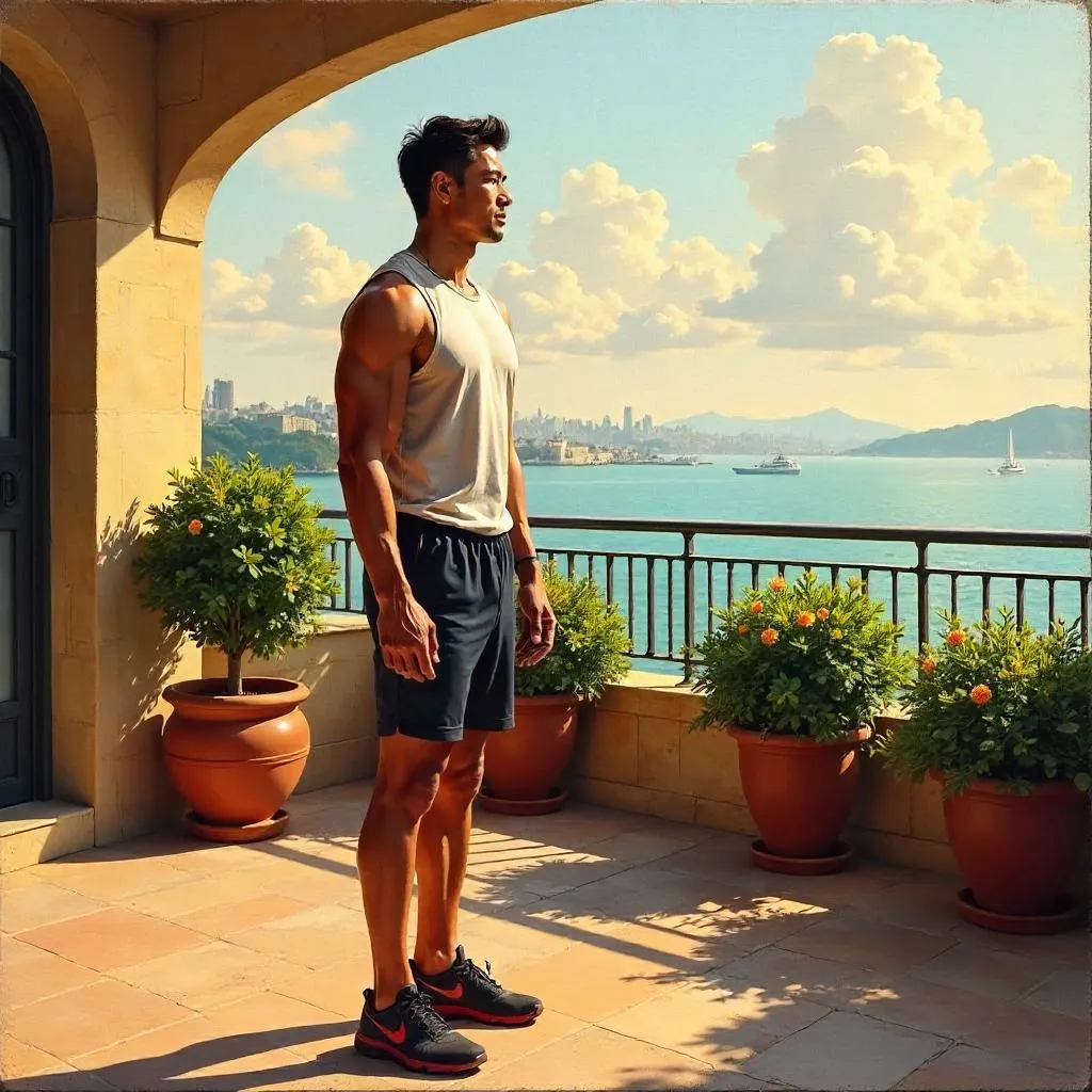 Athletic Asian Man on a Terrace - Oil Painting