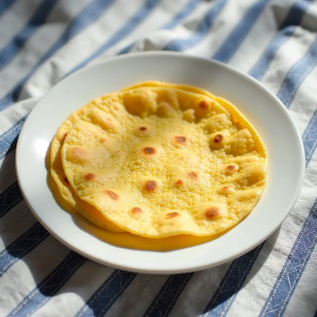 Two Corn Tortillas on a White Plate with Striped Textile