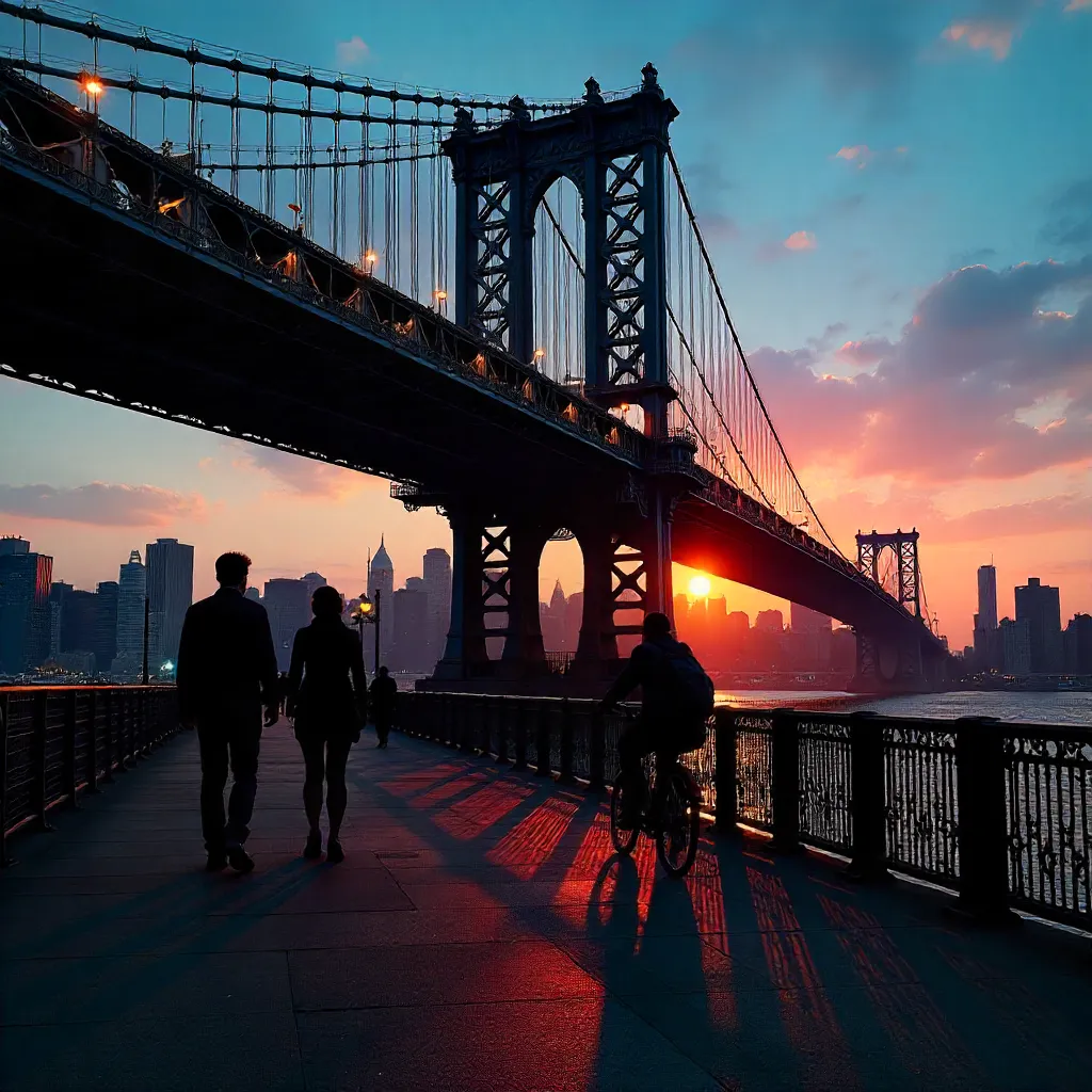 Silhouetted Pedestrians and Cyclist under Manhattan Bridge