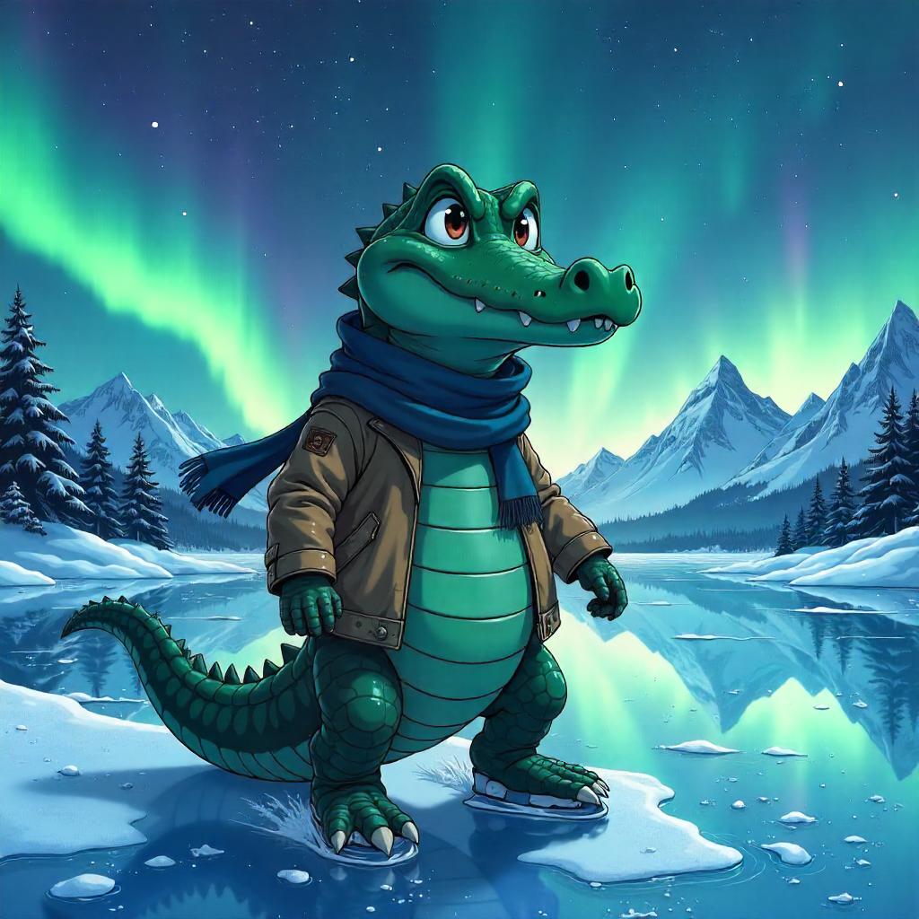 Crocodile in Anime on a Starry Frozen Lake