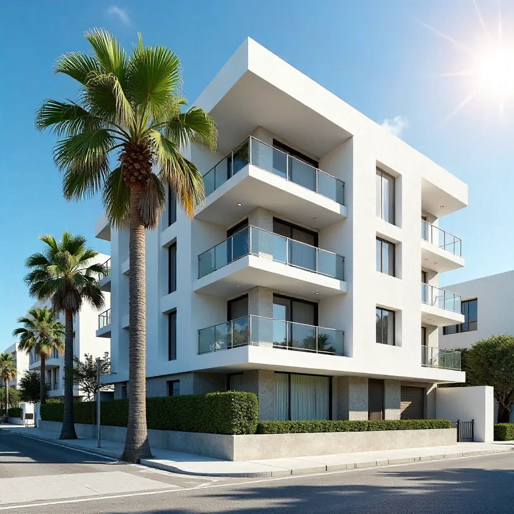 Sunny Day View: Modern Apartment and Palm Tree