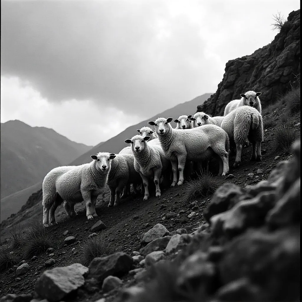 Flock of Sheep on Rugged Rocks — Monochrome Landscape