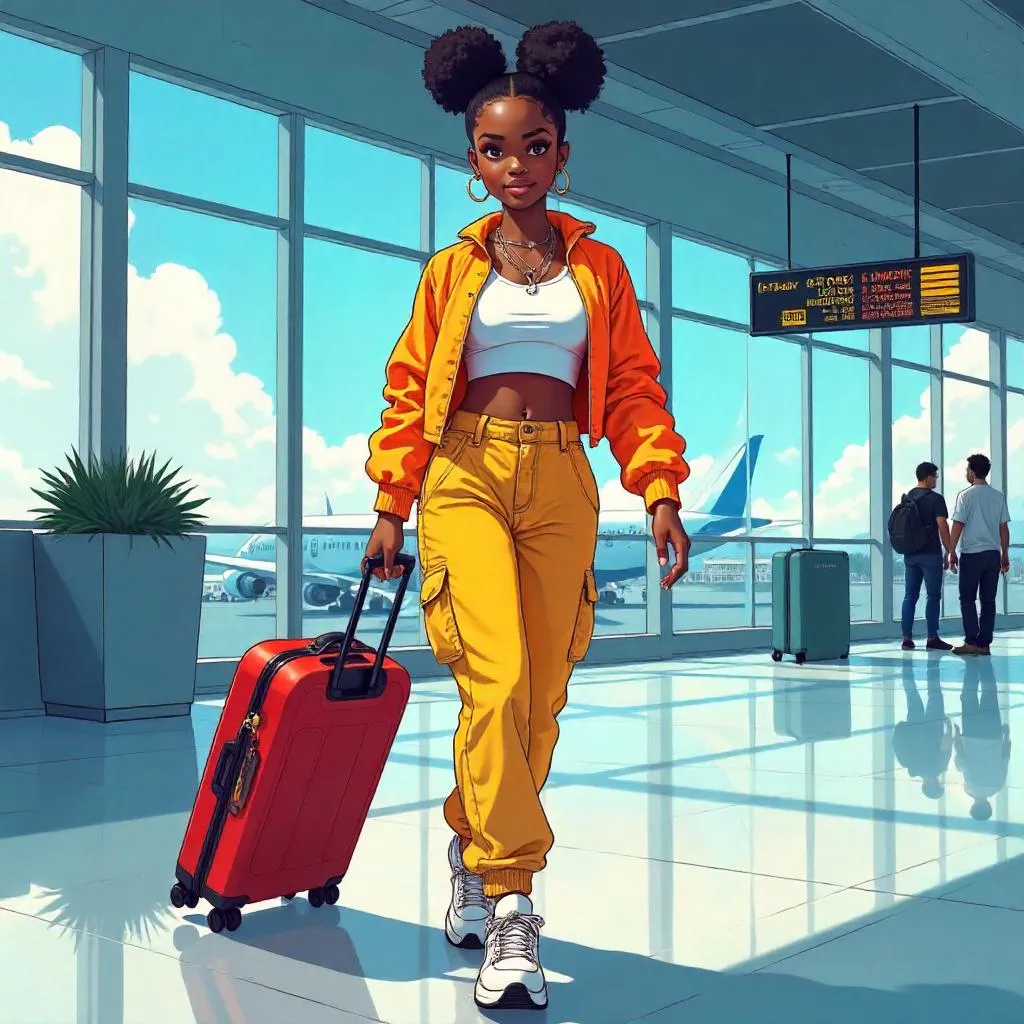 Stylish Black Girl in Anime Style at the Airport
