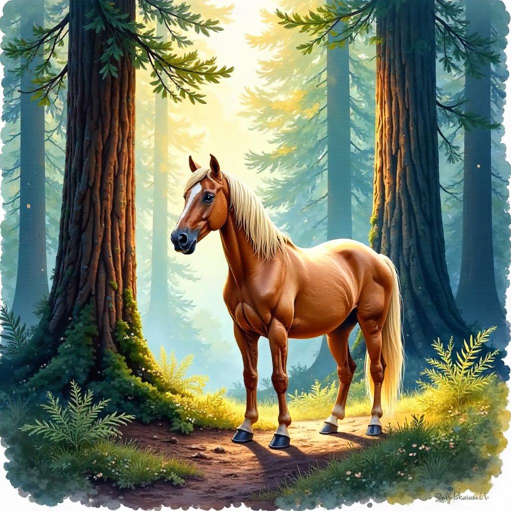 Watercolor Horse Amid Redwood Giants