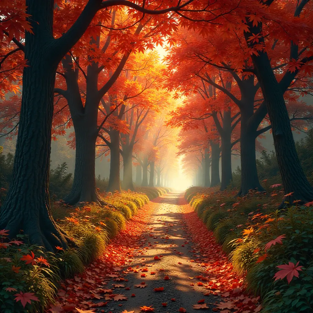 Autumn Foliage Tunnel Along a Scenic Path