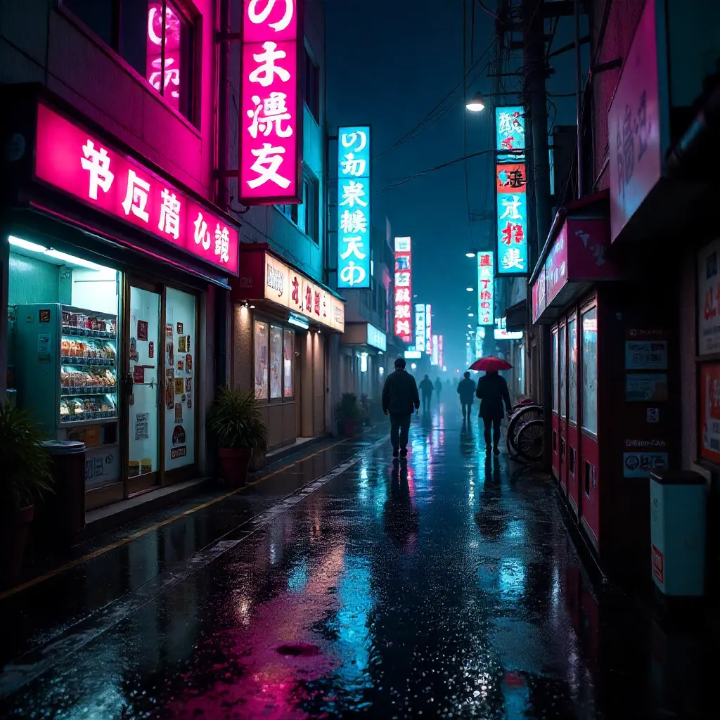 Neon Rain on a Japanese Night Street