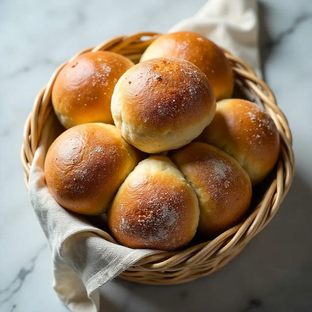 Top-Down Rustic Bread Rolls in Wicker Basket