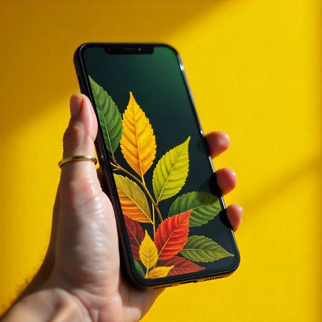 Close-up Ringed Hand Holding Leaf-Pattern Phone on Yellow