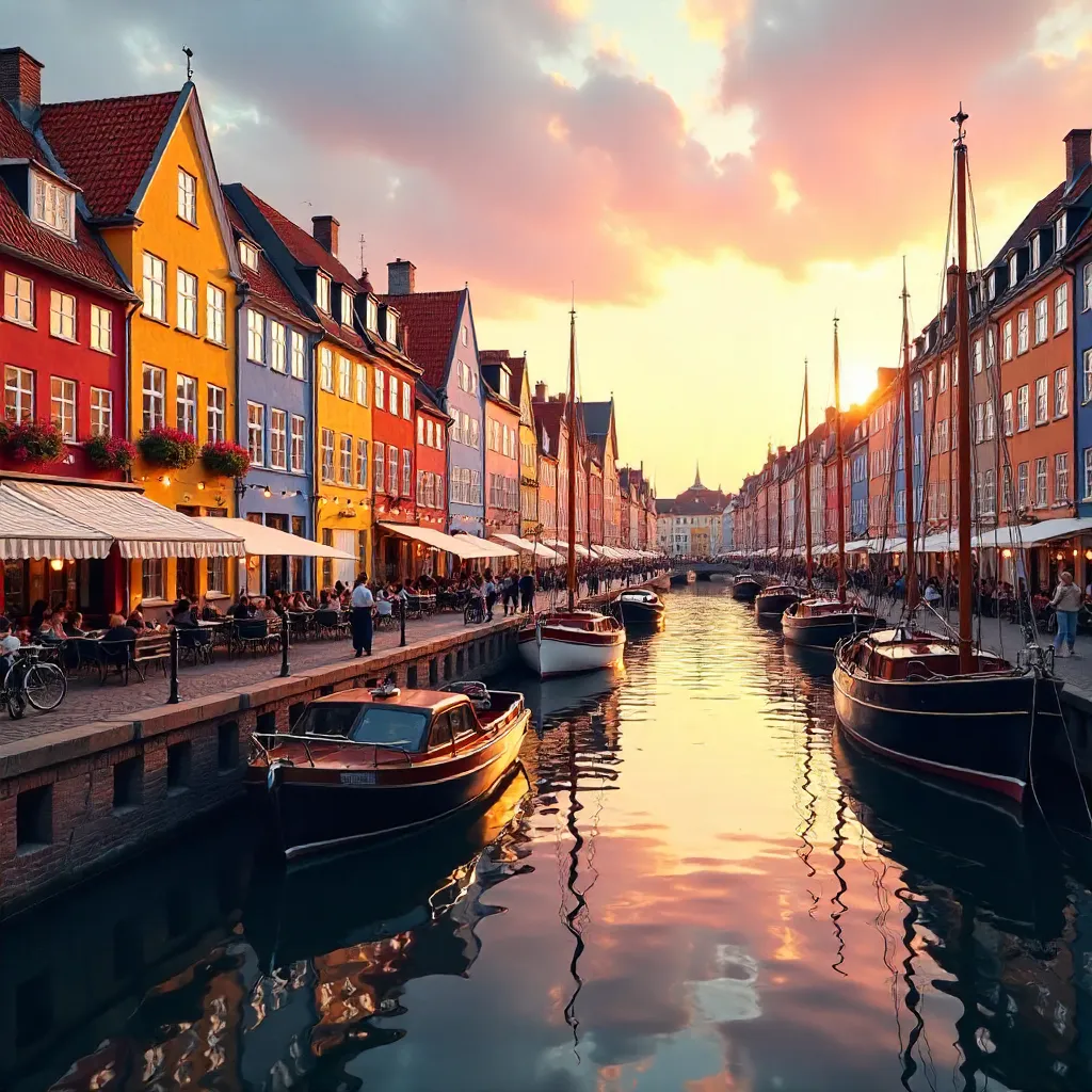 Nyhavn Canal at Golden Hour: Colorful Houses and Boats