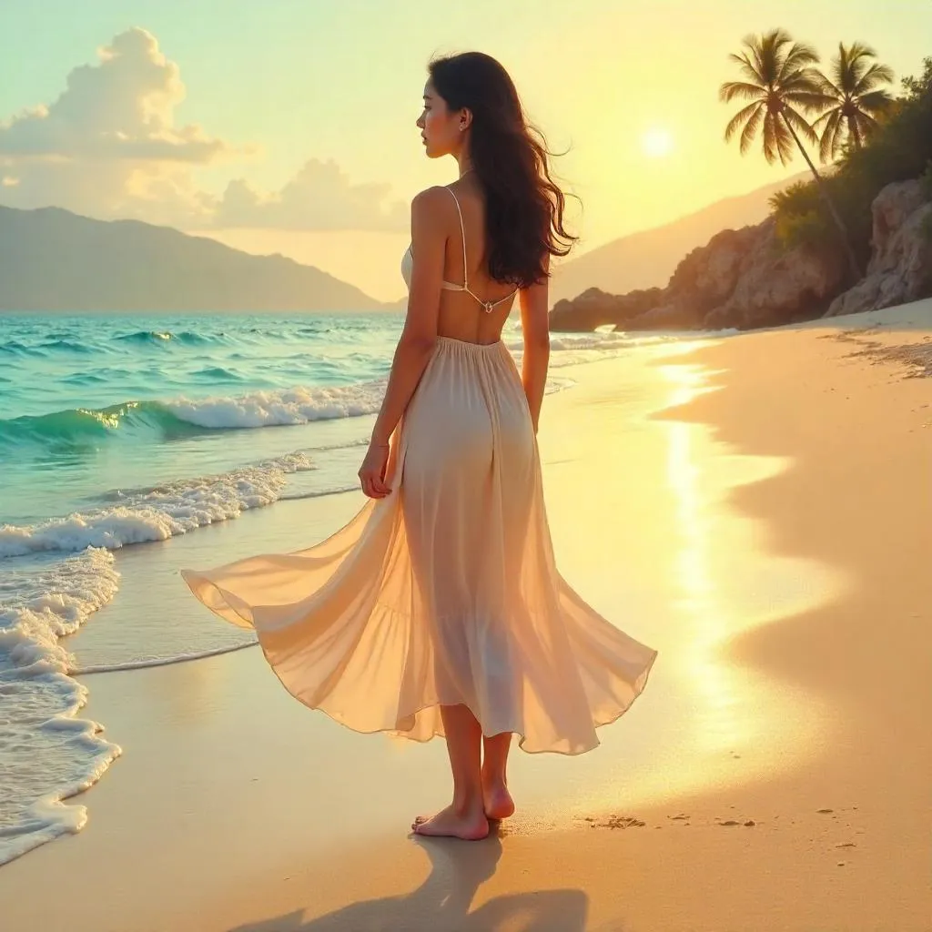 Sunlit Silk: Asian Woman on the Beach